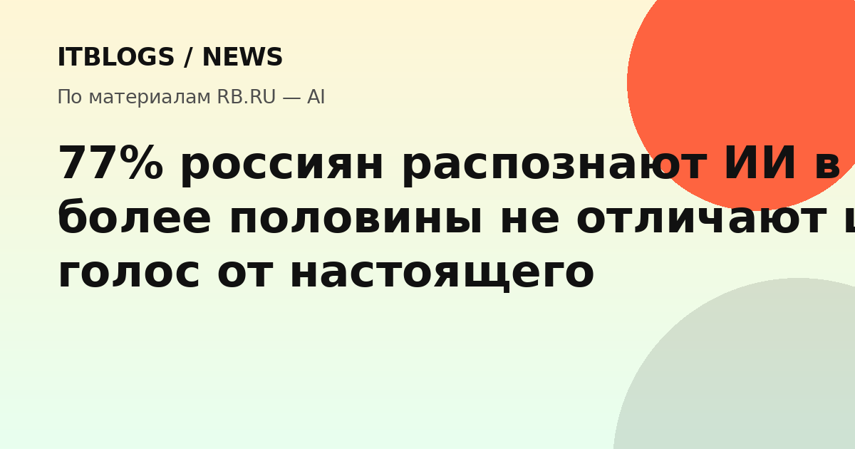 Диаграмма, показывающая процент россиян, распознающих ИИ в разных типах контента: видео 77%, тексты 74%, изображения 65%, аудио (голос) 44%.